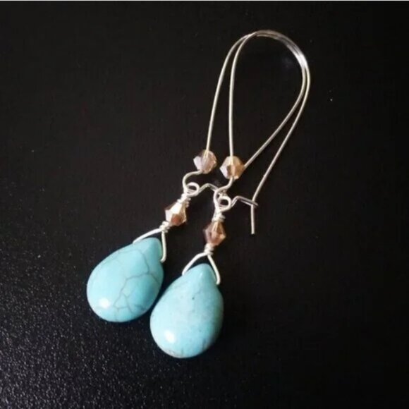 Handmade! Aqua Howlite & Crystal Dangle Earrings • Boho Beachy Spring Vibes - Picture 4 of 8